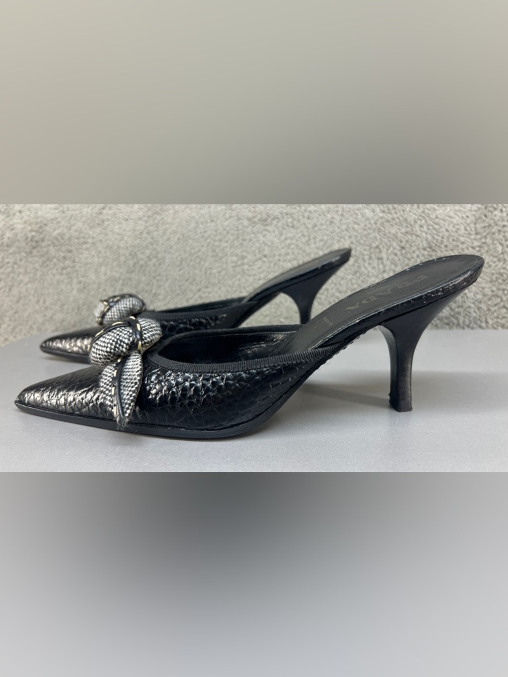 Prada Black Pointed-Toe Leather Mules with Knotted Textile Accent - Picture 7 of 14